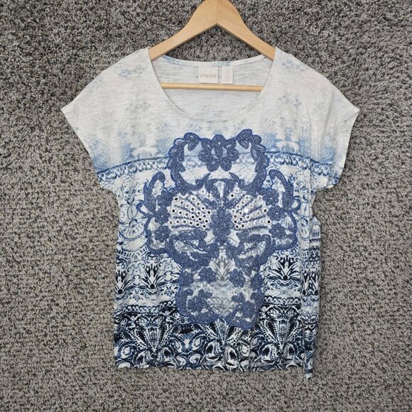 Chicos Top Womens 0 US Small White Blue Embroidered Scoop Neck Cap Sleeve Casual - Picture 1 of 7